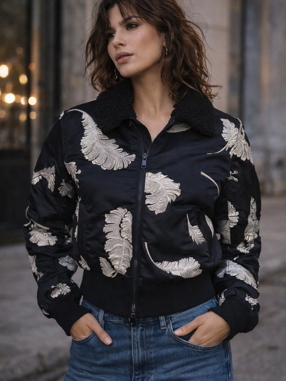 Cinq à Sept Embroidered Bomber Jacket Black Cropped Floral Satin Small